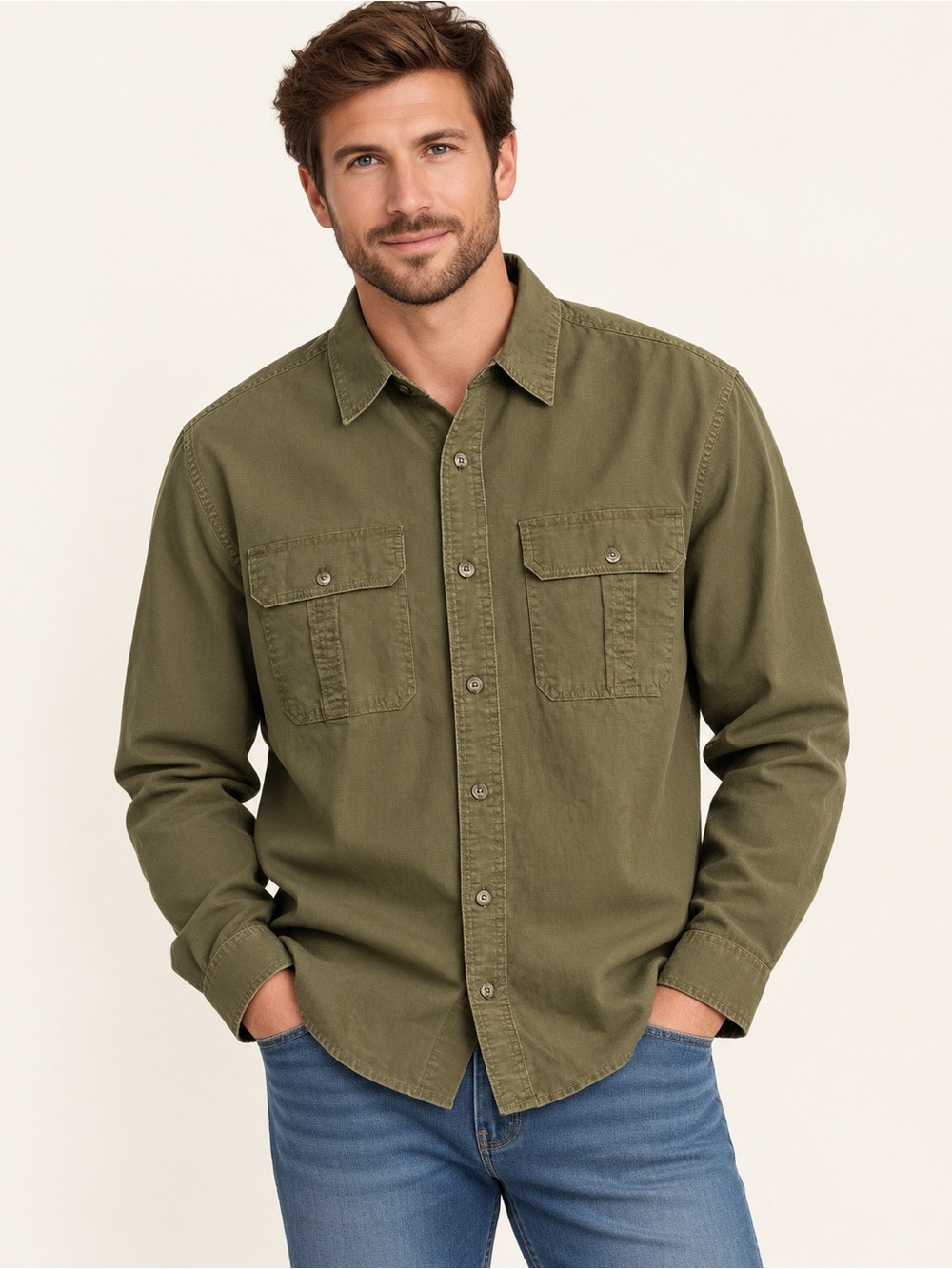 Wilsons Leather Olive Green Casual Button-Down Shirt